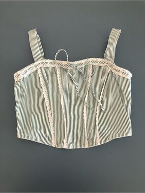 Cottagecore Striped Lace-Trim Cropped Corset Style Top w/ Boning - Green/White